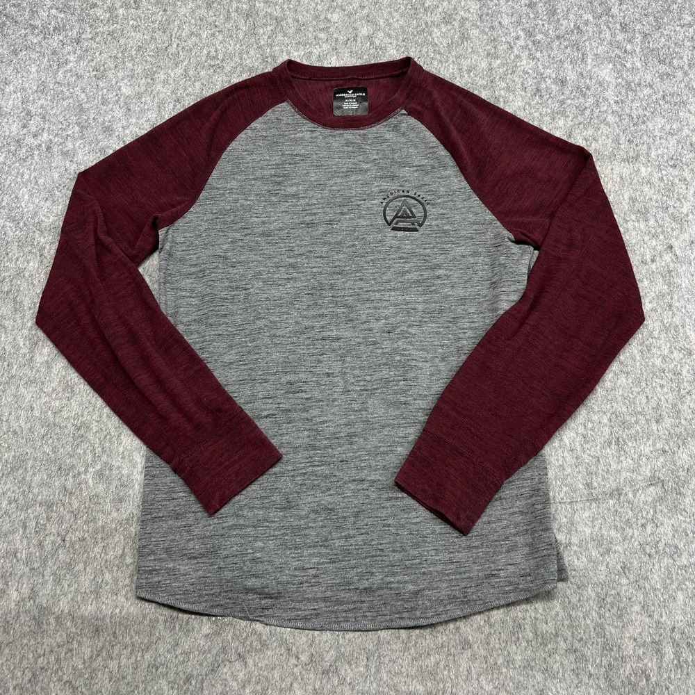 American‎ Eagle Shirt Mens M Gray Maroon Raglan Long Sleeve Tee Casual Modern